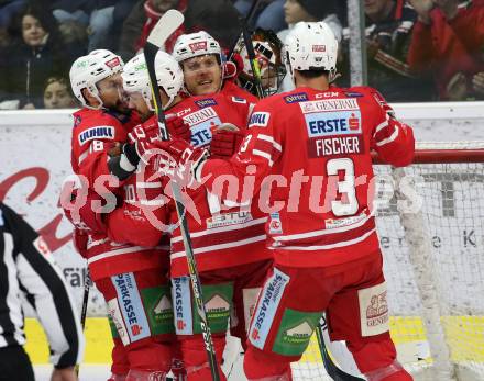 EBEL. Eishockey Bundesliga. KAC gegen	Moser Medical Graz99ers. Torjubel Manuel Geier, Andrew Jacob Kozek, Thomas Koch, David Joseph Fischer (KAC). Klagenfurt, am 28.12.2019.
Foto: Kuess
www.qspictures.net

---
pressefotos, pressefotografie, kuess, qs, qspictures, sport, bild, bilder, bilddatenbank