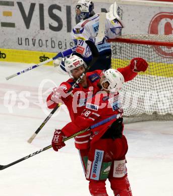 EBEL. Eishockey Bundesliga. VSV gegen KAC.  Torjubel Thomas Koch, Thomas Hundertpfund (KAC). Villach, am 30.12.2019.
Foto: Kuess
www.qspictures.net
---
pressefotos, pressefotografie, kuess, qs, qspictures, sport, bild, bilder, bilddatenbank