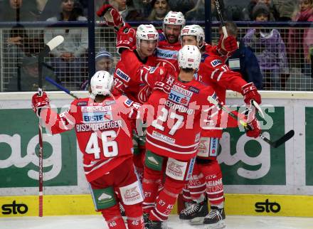 EBEL. Eishockey Bundesliga. VSV gegen KAC.  Torjubel David Joseph Fischer, Manuel Ganahl, Petter Hansson, Thomas HUndertpfund, Johannes Bischofberger (KAC). Villach, am 30.12.2019.
Foto: Kuess
www.qspictures.net
---
pressefotos, pressefotografie, kuess, qs, qspictures, sport, bild, bilder, bilddatenbank