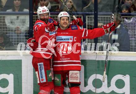 EBEL. Eishockey Bundesliga. VSV gegen KAC.  Torjubel David Joseph Fischer, Manuel Ganahl (KAC). Villach, am 30.12.2019.
Foto: Kuess
www.qspictures.net
---
pressefotos, pressefotografie, kuess, qs, qspictures, sport, bild, bilder, bilddatenbank