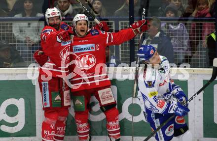 EBEL. Eishockey Bundesliga. VSV gegen KAC.  Torjubel David Joseph Fischer, Manuel Ganahl (KAC). Villach, am 30.12.2019.
Foto: Kuess
www.qspictures.net
---
pressefotos, pressefotografie, kuess, qs, qspictures, sport, bild, bilder, bilddatenbank