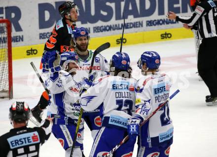 EBEL. Eishockey Bundesliga. VSV gegen Moser Medical Graz99ers. Torjubel Martin Ulmer, Patrick Bjorkstrand, Chris Collins, Marko Poeyhoenen  (VSV). Villach, am 3.1.2020.
Foto: Kuess
www.qspictures.net
---
pressefotos, pressefotografie, kuess, qs, qspictures, sport, bild, bilder, bilddatenbank