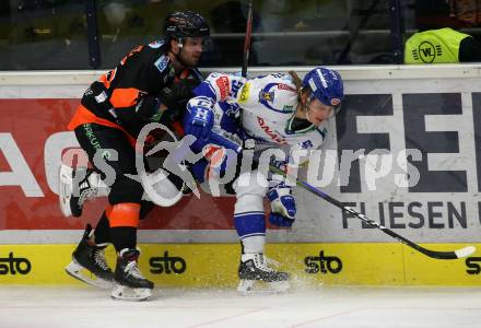 EBEL. Eishockey Bundesliga. VSV gegen Moser Medical Graz99ers.  Anton Karlsson,  (VSV), Trevor Hamilton (Graz). Villach, am 3.1.2020.
Foto: Kuess
www.qspictures.net
---
pressefotos, pressefotografie, kuess, qs, qspictures, sport, bild, bilder, bilddatenbank