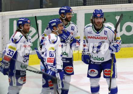 EBEL. Eishockey Bundesliga. VSV gegen Moser Medical Graz99ers. Torjubel Patrick Bjorkstrand, Chris Collins, Martin Ulmer, Mark Anthony Cundari  (VSV). Villach, am 3.1.2020.
Foto: Kuess
www.qspictures.net
---
pressefotos, pressefotografie, kuess, qs, qspictures, sport, bild, bilder, bilddatenbank
