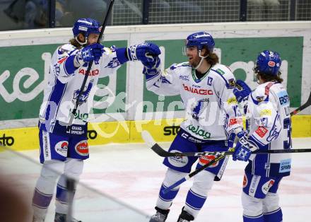EBEL. Eishockey Bundesliga. VSV gegen Moser Medical Graz99ers.  Torjubel Patrick Bjorkstrand, Chris Collins, Martin Ulmer (VSV). Villach, am 3.1.2020.
Foto: Kuess
www.qspictures.net
---
pressefotos, pressefotografie, kuess, qs, qspictures, sport, bild, bilder, bilddatenbank