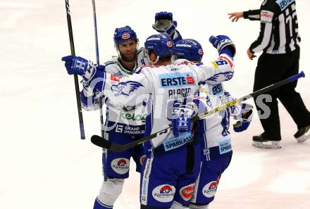 EBEL. Eishockey Bundesliga. VSV gegen Moser Medical Graz99ers. Torjubel Adis Alagic, Brodie Reid, Kevin Schmidt  (VSV). Villach, am 3.1.2020.
Foto: Kuess
www.qspictures.net
---
pressefotos, pressefotografie, kuess, qs, qspictures, sport, bild, bilder, bilddatenbank