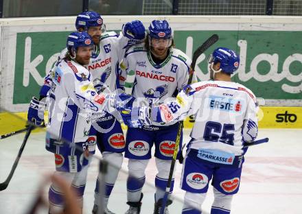 EBEL. Eishockey Bundesliga. VSV gegen Moser Medical Graz99ers. Torjubel Patrick Bjorkstrand, Chris Collins, Martin Ulmer, Mark Anthony Cundari  (VSV). Villach, am 3.1.2020.
Foto: Kuess
www.qspictures.net
---
pressefotos, pressefotografie, kuess, qs, qspictures, sport, bild, bilder, bilddatenbank