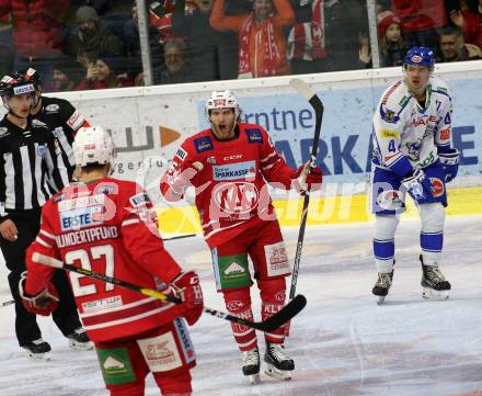 EBEL. Eishockey Bundesliga. KAC gegen	VSV.  Torjubel Bischofberger Johannes, Hundertpfund Thomas,  (KAC). Klagenfurt, am 5.1.2020.
Foto: Kuess
www.qspictures.net

---
pressefotos, pressefotografie, kuess, qs, qspictures, sport, bild, bilder, bilddatenbank
