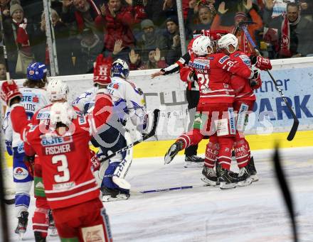 EBEL. Eishockey Bundesliga. KAC gegen	VSV. Torjubel Geier Manuel, Koch Thomas, Kozek Andrew Jacob (KAC). Klagenfurt, am 5.1.2020.
Foto: Kuess
www.qspictures.net

---
pressefotos, pressefotografie, kuess, qs, qspictures, sport, bild, bilder, bilddatenbank