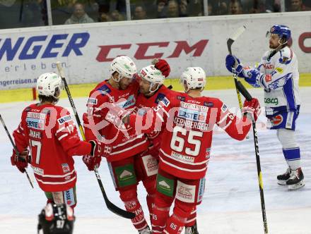 EBEL. Eishockey Bundesliga. KAC gegen	VSV.  Torjubel Kozek Andrew Jacob, Hundertpfund Thomas, Ganahl Manuel, Kernberger Michael, (KAC). Klagenfurt, am 5.1.2020.
Foto: Kuess
www.qspictures.net

---
pressefotos, pressefotografie, kuess, qs, qspictures, sport, bild, bilder, bilddatenbank