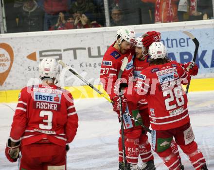 EBEL. Eishockey Bundesliga. KAC gegen	VSV.  Torjubel Bischofberger Johannes, Hundertpfund Thomas, Schumnig Martin, Fischer David Joseph (KAC). Klagenfurt, am 5.1.2020.
Foto: Kuess
www.qspictures.net

---
pressefotos, pressefotografie, kuess, qs, qspictures, sport, bild, bilder, bilddatenbank