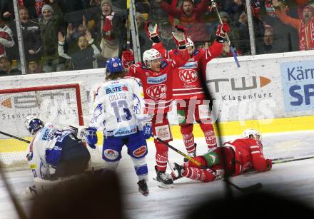 EBEL. Eishockey Bundesliga. KAC gegen	VSV. Torjubel Geier Manuel, Koch Thomas, Kozek Andrew Jacob (KAC). Klagenfurt, am 5.1.2020.
Foto: Kuess
www.qspictures.net

---
pressefotos, pressefotografie, kuess, qs, qspictures, sport, bild, bilder, bilddatenbank