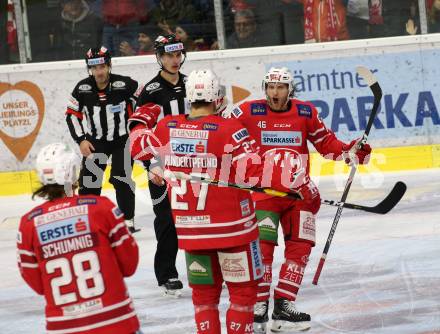 EBEL. Eishockey Bundesliga. KAC gegen	VSV.  Torjubel Bischofberger Johannes, Hundertpfund Thomas, Schumnig Martin, (KAC). Klagenfurt, am 5.1.2020.
Foto: Kuess
www.qspictures.net

---
pressefotos, pressefotografie, kuess, qs, qspictures, sport, bild, bilder, bilddatenbank