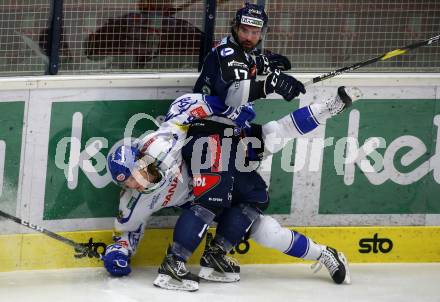 EBEL. Eishockey Bundesliga. VSV gegen Hydro Fehervar AV 19.  Anton Karlsson,  (VSV), Scott Timmins (Fehervar). Villach, am 10.1.2020.
Foto: Kuess
www.qspictures.net
---
pressefotos, pressefotografie, kuess, qs, qspictures, sport, bild, bilder, bilddatenbank