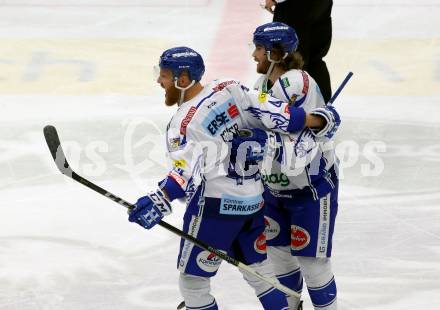EBEL. Eishockey Bundesliga. VSV gegen Hydro Fehervar AV 19.  Torjubel Jamie Fraser, Chris Collins (VSV). Villach, am 10.1.2020.
Foto: Kuess
www.qspictures.net
---
pressefotos, pressefotografie, kuess, qs, qspictures, sport, bild, bilder, bilddatenbank