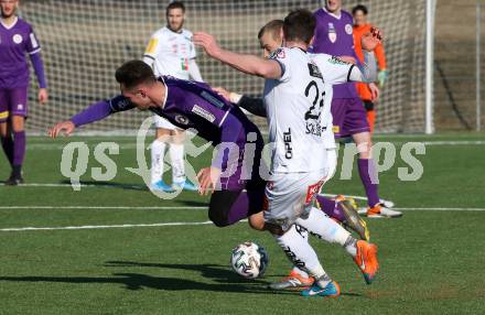 Fussball Bundesliga. 2. Liga. Testspiel. RZ Pellets WAC gegen SK Austria Klagenfurt. Michael Sollbauer, Sven Sprangler,  (WAC), Oliver Markoutz (Klagenfurt). St. Andrae, am 11.1.2020.
Foto: Kuess
www.qspictures.net
---
pressefotos, pressefotografie, kuess, qs, qspictures, sport, bild, bilder, bilddatenbank