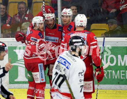 EBEL. Eishockey Bundesliga. KAC gegen	HC Orli Znojmo. Torjubel Manuel Ganahl, Clemens Unterweger, Johannes Bischofberger, Petter Hansson (KAC). Klagenfurt, am 12.1.2020.
Foto: Kuess
www.qspictures.net

---
pressefotos, pressefotografie, kuess, qs, qspictures, sport, bild, bilder, bilddatenbank