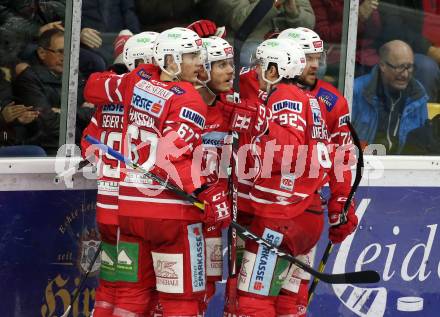 EBEL. Eishockey Bundesliga. KAC gegen	HC Orli Znojmo. Torjubel Stefan Geier, Manuel Geier Petter Hansson, Siim Liivik, Clemens Unterweger (KAC). Klagenfurt, am 12.1.2020.
Foto: Kuess
www.qspictures.net

---
pressefotos, pressefotografie, kuess, qs, qspictures, sport, bild, bilder, bilddatenbank