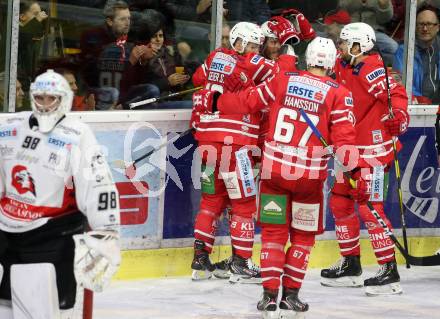 EBEL. Eishockey Bundesliga. KAC gegen	HC Orli Znojmo. Torjubel Stefan Geier, Manuel Geier Petter Hansson, Siim Liivik (KAC). Klagenfurt, am 12.1.2020.
Foto: Kuess
www.qspictures.net

---
pressefotos, pressefotografie, kuess, qs, qspictures, sport, bild, bilder, bilddatenbank