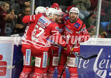 EBEL. Eishockey Bundesliga. KAC gegen	HC Orli Znojmo. Torjubel Stefan Geier, Manuel Geier Petter Hansson, Siim Liivik (KAC). Klagenfurt, am 12.1.2020.
Foto: Kuess
www.qspictures.net

---
pressefotos, pressefotografie, kuess, qs, qspictures, sport, bild, bilder, bilddatenbank