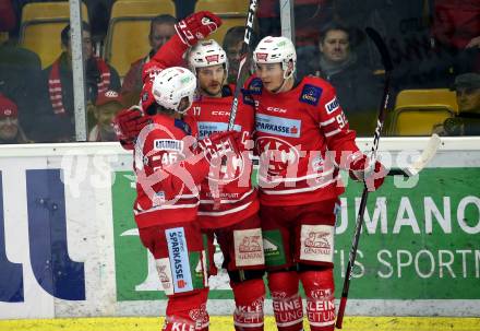 EBEL. Eishockey Bundesliga. KAC gegen	HC Orli Znojmo. Torjubel Manuel Ganahl, Clemens Unterweger, Johannes Bischofberger (KAC). Klagenfurt, am 12.1.2020.
Foto: Kuess
www.qspictures.net

---
pressefotos, pressefotografie, kuess, qs, qspictures, sport, bild, bilder, bilddatenbank