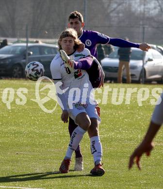 Fussball Bundesliga. 2. Liga. Testspiel. RZ Pellets WAC gegen SK Austria Klagenfurt. Marcel Holzer,  (WAC), Ivan Saravanja (Klagenfurt). St. Andrae, am 11.1.2020.
Foto: Kuess
www.qspictures.net
---
pressefotos, pressefotografie, kuess, qs, qspictures, sport, bild, bilder, bilddatenbank