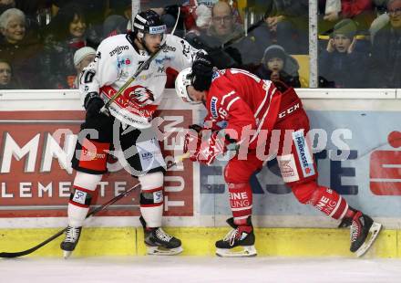 EBEL. Eishockey Bundesliga. KAC gegen	HC Orli Znojmo.  Patrick Harand, (KAC), Parker Bowles   (Znojmo). Klagenfurt, am 12.1.2020.
Foto: Kuess
www.qspictures.net

---
pressefotos, pressefotografie, kuess, qs, qspictures, sport, bild, bilder, bilddatenbank