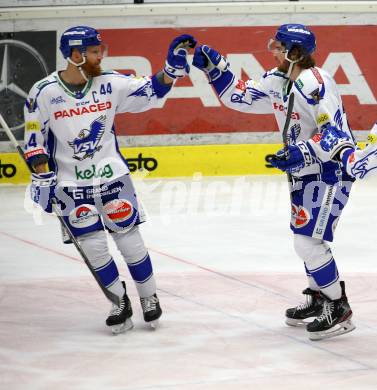EBEL. Eishockey Bundesliga. VSV gegen Dornbirn Bulldogs.  Torjubel Jamie Fraser, Chris Collins (VSV). Villach, am 14.1.2020.
Foto: Kuess
www.qspictures.net
---
pressefotos, pressefotografie, kuess, qs, qspictures, sport, bild, bilder, bilddatenbank