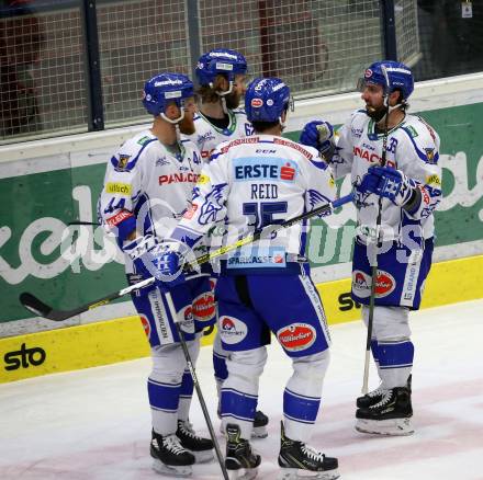 EBEL. Eishockey Bundesliga. VSV gegen Dornbirn Bulldogs.  Torjubel  Jamie Fraser, Patrick Bjorkstrand, Brodie Reid, Jerry Pollastrone, (VSV). Villach, am 14.1.2020.
Foto: Kuess
www.qspictures.net
---
pressefotos, pressefotografie, kuess, qs, qspictures, sport, bild, bilder, bilddatenbank