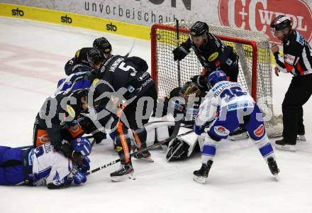EBEL. Eishockey Bundesliga. VSV gegen Dornbirn Bulldogs.  Chris Collins, Jerry Pollastrone,  (VSV), Mikko Vainonen, Ramon Schnetzer, Juha Johannes Jaervenpaeae, Kevin Macierzynski (Dornbirn). Villach, am 14.1.2020.
Foto: Kuess
www.qspictures.net
---
pressefotos, pressefotografie, kuess, qs, qspictures, sport, bild, bilder, bilddatenbank
