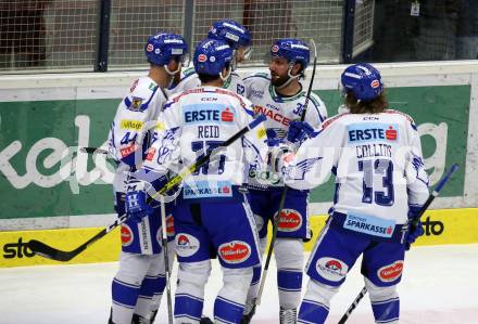 EBEL. Eishockey Bundesliga. VSV gegen Dornbirn Bulldogs.  Torjubel  Jamie Fraser, Patrick Bjorkstrand, Brodie Reid, Jerry Pollastrone, Chris Collins (VSV). Villach, am 14.1.2020.
Foto: Kuess
www.qspictures.net
---
pressefotos, pressefotografie, kuess, qs, qspictures, sport, bild, bilder, bilddatenbank