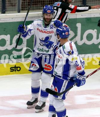 EBEL. Eishockey Bundesliga. VSV gegen Dornbirn Bulldogs. Torjubel Patrick Bjorkstrand, Nico Brunner  (VSV). Villach, am 14.1.2020.
Foto: Kuess
www.qspictures.net
---
pressefotos, pressefotografie, kuess, qs, qspictures, sport, bild, bilder, bilddatenbank
