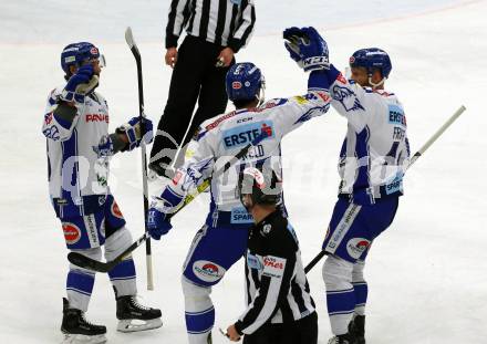 EBEL. Eishockey Bundesliga. VSV gegen Dornbirn Bulldogs.  Torjubel Jerry Pollastrone, Brodie Reid, Jamie Fraser (VSV). Villach, am 14.1.2020.
Foto: Kuess
www.qspictures.net
---
pressefotos, pressefotografie, kuess, qs, qspictures, sport, bild, bilder, bilddatenbank