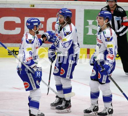 EBEL. Eishockey Bundesliga. VSV gegen Dornbirn Bulldogs.  Torjubel Chris Collins, Anton Karlsson, Kevin Schmidt (VSV). Villach, am 14.1.2020.
Foto: Kuess
www.qspictures.net
---
pressefotos, pressefotografie, kuess, qs, qspictures, sport, bild, bilder, bilddatenbank