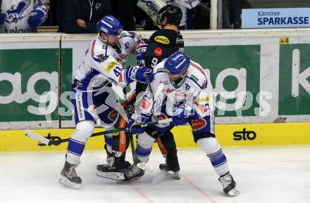 EBEL. Eishockey Bundesliga. VSV gegen Dornbirn Bulldogs.  Alexander Lahoda, Markus Schlacher,  (VSV), Emilio Romig (Dornbirn). Villach, am 14.1.2020.
Foto: Kuess
www.qspictures.net
---
pressefotos, pressefotografie, kuess, qs, qspictures, sport, bild, bilder, bilddatenbank
