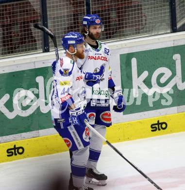 EBEL. Eishockey Bundesliga. VSV gegen Dornbirn Bulldogs.  Torjubel  Jamie Fraser, Patrick Bjorkstrand (VSV). Villach, am 14.1.2020.
Foto: Kuess
www.qspictures.net
---
pressefotos, pressefotografie, kuess, qs, qspictures, sport, bild, bilder, bilddatenbank