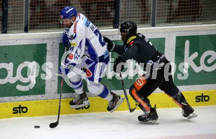 EBEL. Eishockey Bundesliga. VSV gegen Dornbirn Bulldogs.  Nico Brunner,  (VSV), Jordan Carmichael Subban (Dornbirn). Villach, am 14.1.2020.
Foto: Kuess
www.qspictures.net
---
pressefotos, pressefotografie, kuess, qs, qspictures, sport, bild, bilder, bilddatenbank