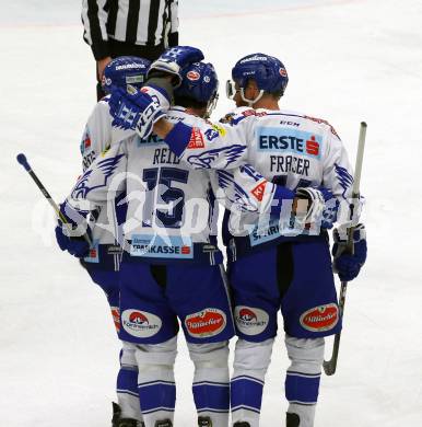 EBEL. Eishockey Bundesliga. VSV gegen Dornbirn Bulldogs.  Torjubel Jerry Pollastrone, Brodie Reid, Jamie Fraser (VSV). Villach, am 14.1.2020.
Foto: Kuess
www.qspictures.net
---
pressefotos, pressefotografie, kuess, qs, qspictures, sport, bild, bilder, bilddatenbank