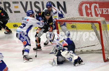 EBEL. Eishockey Bundesliga. VSV gegen Dornbirn Bulldogs.  Markus Schlacher, Stefan Bacher, Brandon Maxwell, (VSV), Tomi Matti Juhani Koerkoe  (Dornbirn). Villach, am 14.1.2020.
Foto: Kuess
www.qspictures.net
---
pressefotos, pressefotografie, kuess, qs, qspictures, sport, bild, bilder, bilddatenbank