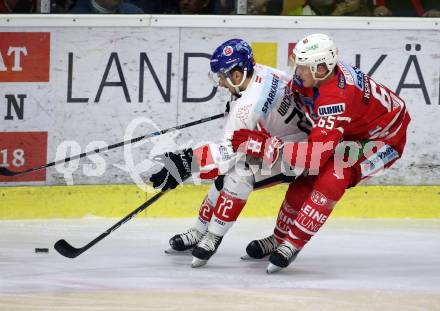 EBEL. Eishockey Bundesliga. KAC gegen	HC TWK Innsbruck. Michael Kernberger, (KAC),  Daniel Wachter  (Innsbruck). Klagenfurt, am 17.1.2020.
Foto: Kuess
www.qspictures.net

---
pressefotos, pressefotografie, kuess, qs, qspictures, sport, bild, bilder, bilddatenbank