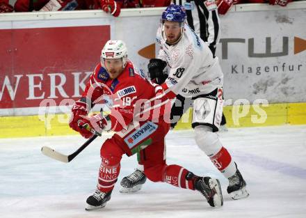 EBEL. Eishockey Bundesliga. KAC gegen	HC TWK Innsbruck. Stefan Geier,  (KAC),  Miha Zajc (Innsbruck). Klagenfurt, am 17.1.2020.
Foto: Kuess
www.qspictures.net

---
pressefotos, pressefotografie, kuess, qs, qspictures, sport, bild, bilder, bilddatenbank