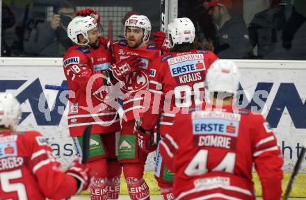 EBEL. Eishockey Bundesliga. KAC gegen	HC TWK Innsbruck. Torjubel Thomas Koch, Matthew Neal, Nikolaus Kraus (KAC). Klagenfurt, am 17.1.2020.
Foto: Kuess
www.qspictures.net

---
pressefotos, pressefotografie, kuess, qs, qspictures, sport, bild, bilder, bilddatenbank