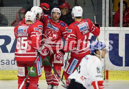 EBEL. Eishockey Bundesliga. KAC gegen	HC TWK Innsbruck. Torjubel Thomas Koch, Matthew Neal, Nikolaus Kraus, Adam Comrie, Michael Kernberger (KAC). Klagenfurt, am 17.1.2020.
Foto: Kuess
www.qspictures.net

---
pressefotos, pressefotografie, kuess, qs, qspictures, sport, bild, bilder, bilddatenbank