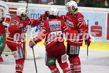 EBEL. Eishockey Bundesliga. KAC gegen	HC TWK Innsbruck. Torjubel Johannes Bischofberger, Martin Schumnig, Manuel Ganahl (KAC). Klagenfurt, am 17.1.2020.
Foto: Kuess
www.qspictures.net

---
pressefotos, pressefotografie, kuess, qs, qspictures, sport, bild, bilder, bilddatenbank