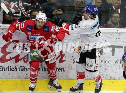 EBEL. Eishockey Bundesliga. KAC gegen	HC TWK Innsbruck. Johannes Bischofberger,  (KAC),  Lukas Baer (Innsbruck). Klagenfurt, am 17.1.2020.
Foto: Kuess
www.qspictures.net

---
pressefotos, pressefotografie, kuess, qs, qspictures, sport, bild, bilder, bilddatenbank