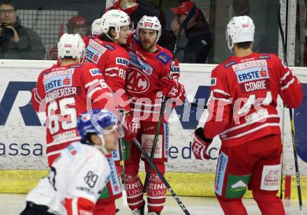 EBEL. Eishockey Bundesliga. KAC gegen	HC TWK Innsbruck. Torjubel Thomas Koch, Matthew Neal, Nikolaus Kraus, Adam Comrie, Michael Kernberger (KAC). Klagenfurt, am 17.1.2020.
Foto: Kuess
www.qspictures.net

---
pressefotos, pressefotografie, kuess, qs, qspictures, sport, bild, bilder, bilddatenbank