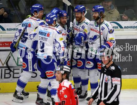 EBEL. Eishockey Bundesliga. VSV gegen HC Orli Znojmo.  Torjubel  Jerry Pollastrone, Jamie Fraser, Patrick Bjorkstrand, Brodie Reid, Kevin Schmidt (VSV). Villach, am 19.1.2020.
Foto: Kuess
www.qspictures.net
---
pressefotos, pressefotografie, kuess, qs, qspictures, sport, bild, bilder, bilddatenbank
