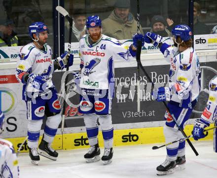 EBEL. Eishockey Bundesliga. VSV gegen HC Orli Znojmo.  Torjubel  Jerry Pollastrone, Jamie Fraser, Patrick Bjorkstrand (VSV). Villach, am 19.1.2020.
Foto: Kuess
www.qspictures.net
---
pressefotos, pressefotografie, kuess, qs, qspictures, sport, bild, bilder, bilddatenbank