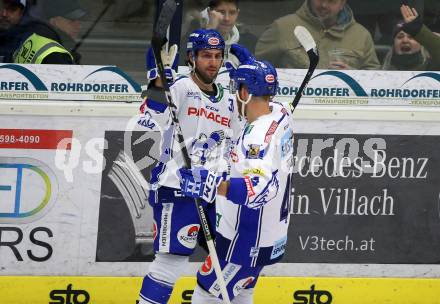 EBEL. Eishockey Bundesliga. VSV gegen HC Orli Znojmo.  Torjubel Jamie Fraser,  Jerry Pollastrone (VSV). Villach, am 19.1.2020.
Foto: Kuess
www.qspictures.net
---
pressefotos, pressefotografie, kuess, qs, qspictures, sport, bild, bilder, bilddatenbank