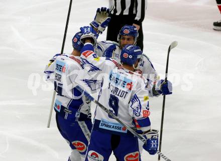 EBEL. Eishockey Bundesliga. VSV gegen HC Orli Znojmo. Torjubel Jamie Fraser, Kevin Schmidt, Jerry Pollastrone  (VSV). Villach, am 19.1.2020.
Foto: Kuess
www.qspictures.net
---
pressefotos, pressefotografie, kuess, qs, qspictures, sport, bild, bilder, bilddatenbank